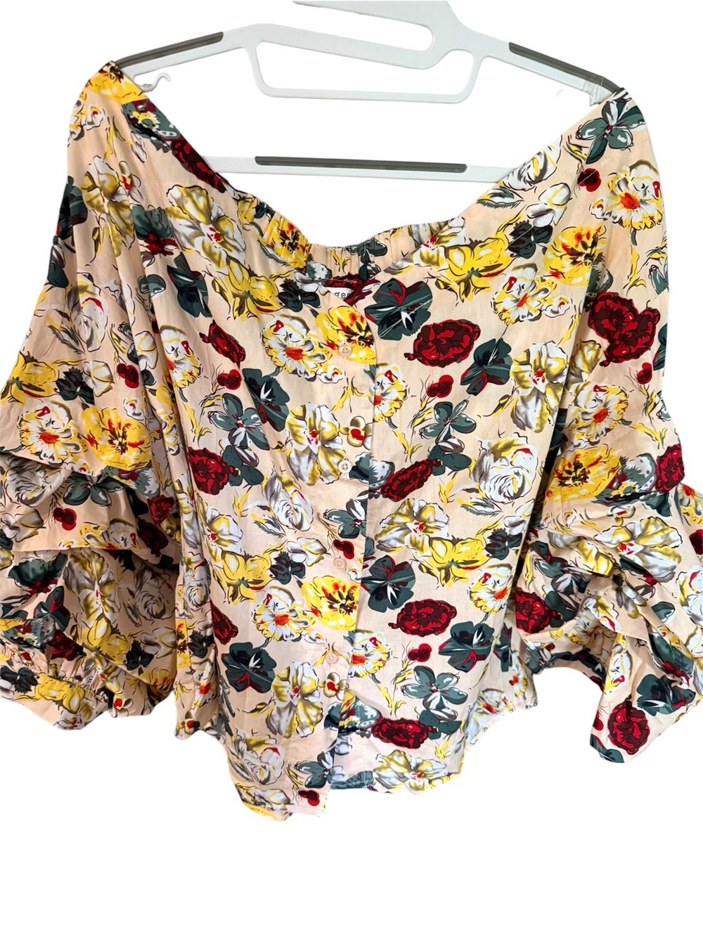 umgee Floral lantern sleeved -Peasant Top Beige with Yellow & Red Flowers Sz. L